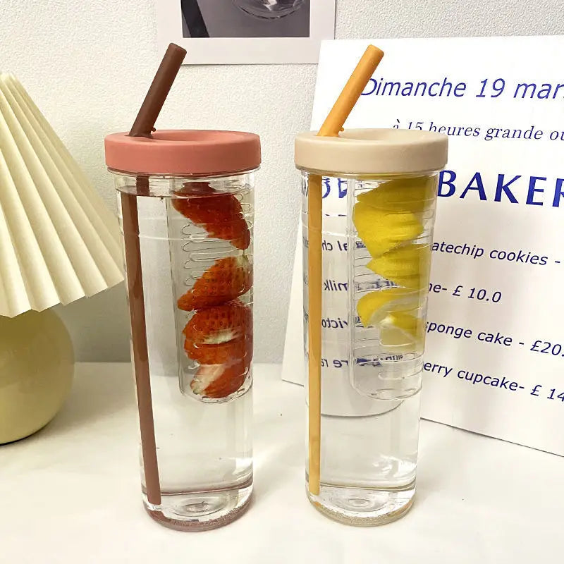 Portable Plastic Water Bottle with Straw and Fruit Infuser