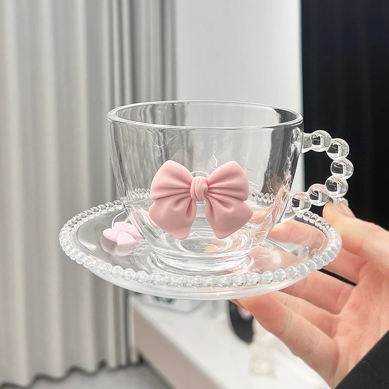 Ribbon Transparent Glass with Saucer and Spoon – Elegant Drinkware Set