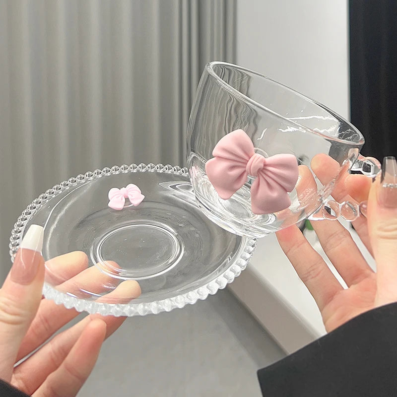 Ribbon Transparent Glass with Saucer and Spoon – Elegant Drinkware Set