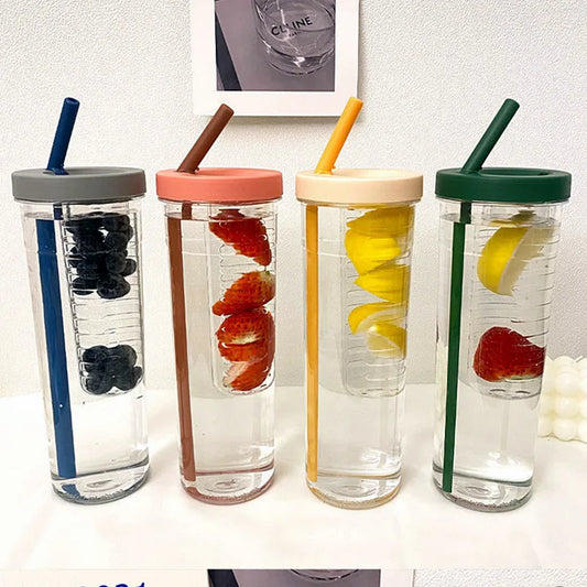 Portable Plastic Water Bottle with Straw and Fruit Infuser