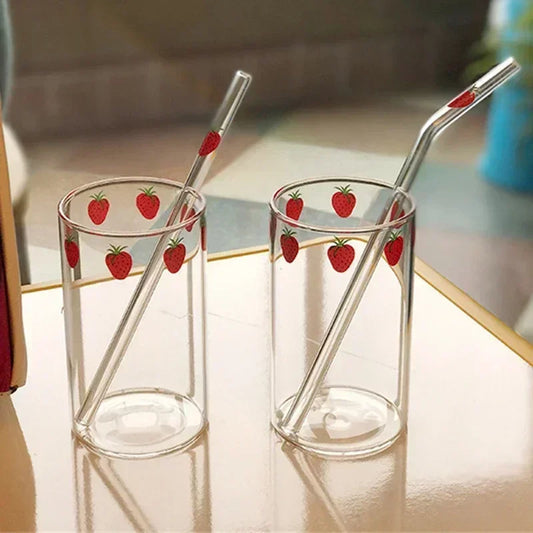 Strawberry Patterned Glass Cup with Straw