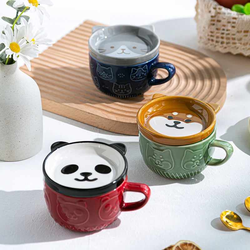 Japanese Cute Mug – Shiba Inu, Panda and Cats Ceramic Coffee Cup with Lid