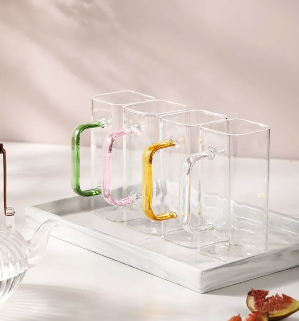 Square Glass Mug with Coloured Handle