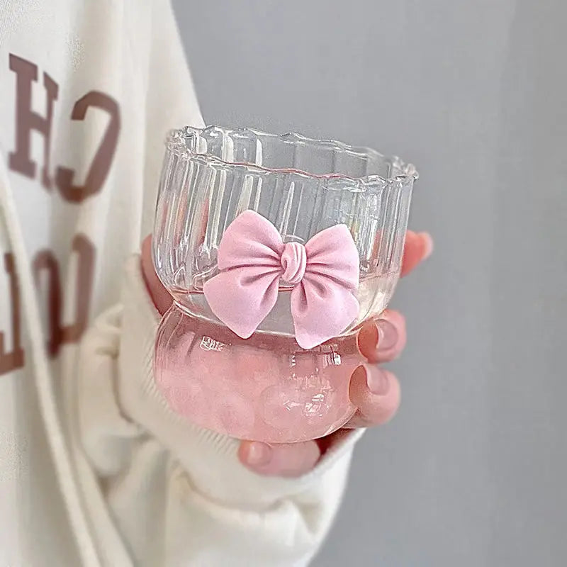 Clear Glass Coffee Oatmeal Mug with Ribbon Decoration