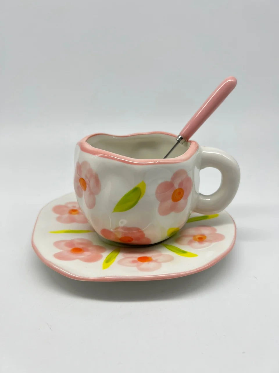 Korean Style Cute Ceramic Mug – Handmade Flower Pattern