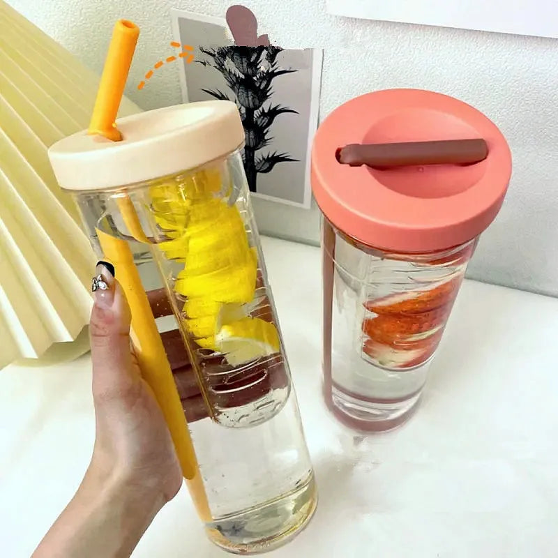 Portable Plastic Water Bottle with Straw and Fruit Infuser