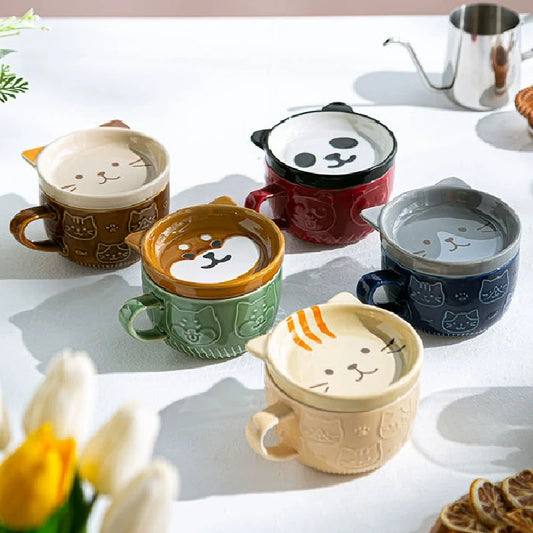 Japanese Cute Mug – Shiba Inu, Panda and Cats Ceramic Coffee Cup with Lid